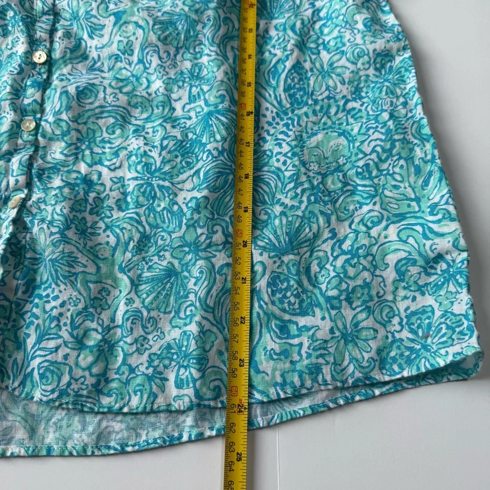 Lilly Pulitzer Linen Tayla Blouse Flutter Sleeve blue and aqua large - Picture 7 of 9